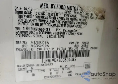 2013 Lincoln Mks z USA, uszkodzony, nr VIN 1LNHL9DK2DG604085